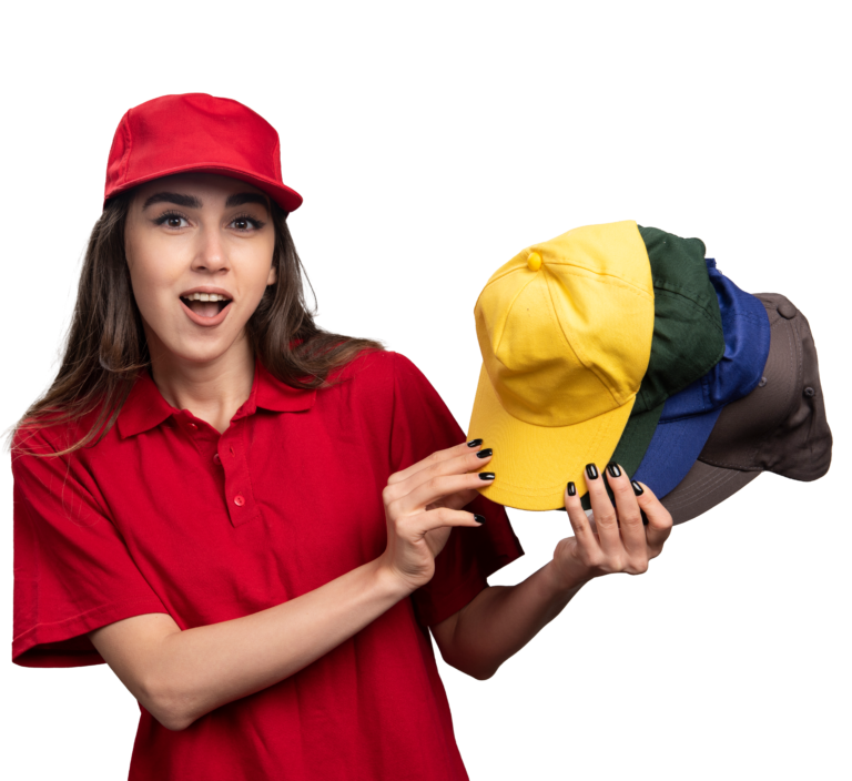 delivery-woman-with-colorful-caps-posing-gray-wall